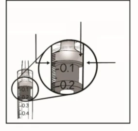 Ingrandimento di una siringa graduata che mostra i segni millimetri e i numeri 0.1 e 0.2 per indicare il dosaggio preciso del liquido
