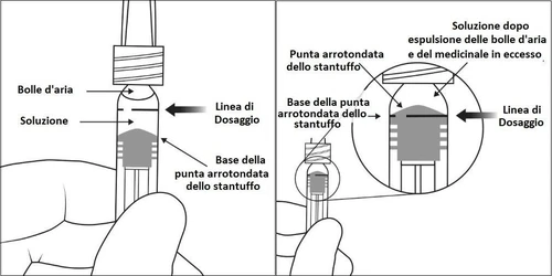 Diagramma medico che mostra la linea di dosaggio, la soluzione e le bolle d'aria in una siringa con la punta arrotondata dello stantuffo