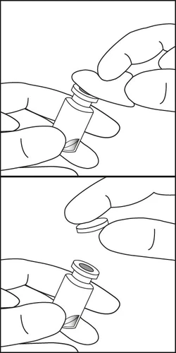 Disegno in bianco e nero che mostra due mani che rimuovono il tappo di gomma da un flaconcino di vetro per prepararlo all'uso