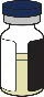 Transparent glass vial with blue cap and cream-colored liquid inside