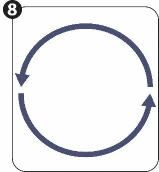 Two dark blue arrows arranged in a circular pattern indicating continuous rotational movement on a white background, with the number 8 inside a black circle