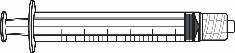 Black and white technical drawing of a horizontal syringe with milliliter graduations and plunger on the left side