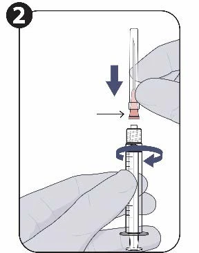 A hand holding a needle being inserted and twisted onto the top of a syringe, with blue arrows indicating downward and rotational movement