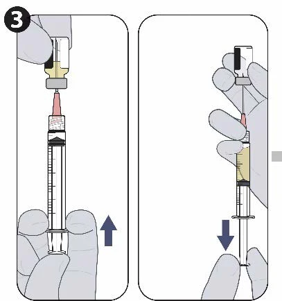 Two illustrations show gloved hands drawing liquid from a vial into a syringe through an upward pulling motion