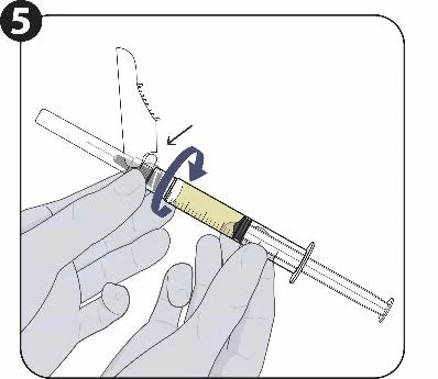 Two hands holding a syringe containing yellowish liquid, with a curved blue arrow indicating rotation of the upper cap