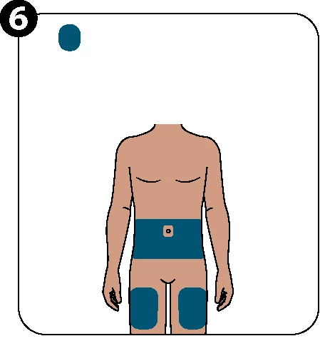 Medical diagram showing a human torso with an adhesive patch applied to the