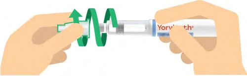 Two hands separate the two parts of a Yorvikath injection pen with green arrows indicating rotational movement toward the