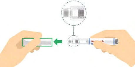 Two hands hold a white medical device with a green arrow indicating movement to the left and a magnified view of the upper detail