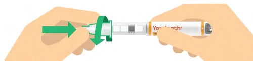 Two hands hold a white and orange injection pen with green arrows indicating pressure and rotation movement of the cap