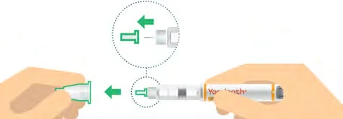 Diagram showing how to insert a green cap onto the tip of a medical injection pen via a green directional arrow