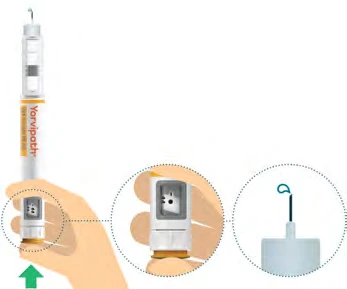 Illustration of a hand holding a Yorvipath medical device with magnifications showing the detail of the terminal part and the