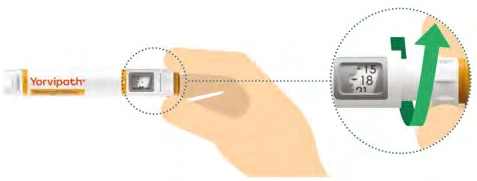 A hand holds a Yorvipath injection pen with a magnification showing a display with numbers 15, 18, 21 and a rotating green arrow