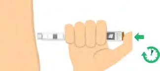 A hand holds a cylindrical medical device and presses it against the skin of the hip with a green arrow indicating movement toward the