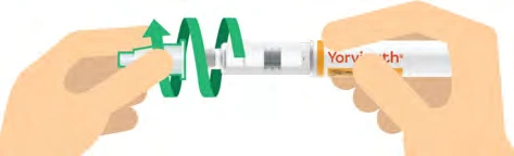 Two hands hold a Yoryvance injection pen with green arrows indicating rotational movement for device preparation