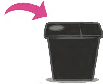 A curved pink arrow points to a black container for disposal of sharp or medical waste on a white background