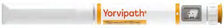 Horizontal white auto-injector pen with orange text Yorvipath and a small transparent window showing the internal content