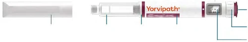 Horizontal diagram of a Yorvipath injection pen with blue lines indicating different parts of the medical device on a white background