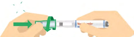 Two hands hold an injection pen with a green arrow indicating rotation of the upper part of the device