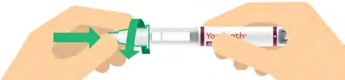 Two hands hold a white injection pen with burgundy text while a green arrow indicates rotational movement of the tip of the