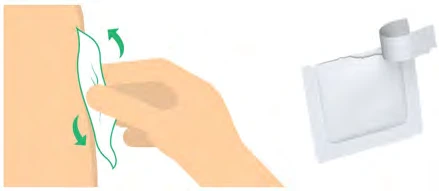 A hand pinches the skin of a leg with curved green arrows and a square white bandage next to it on a white background