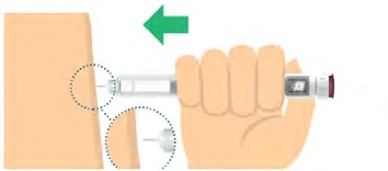 A hand holds an injection pen to apply it to the skin of the arm with a green arrow indicating movement toward the