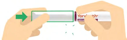 Two hands separate a white and purple medical device with a green arrow indicating extraction movement to the left