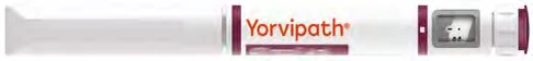 Horizontal white injection pen with orange text Yorvipath and burgundy details and a transparent window showing the