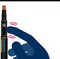 A hand pressing a finger on a black device called Yorvipath with pink waves indicating vibration or a signal
