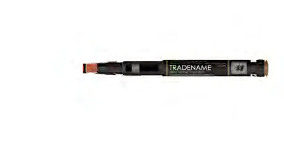 Horizontal black injection pen with white text TRADENAME and copper-colored details on a white background