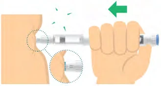 A hand squeezing an injection pen against the side of the body with a green arrow indicating the direction of pressure toward the body
