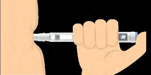 A hand squeezing a white and blue injection pen pressing it against the skin of the
