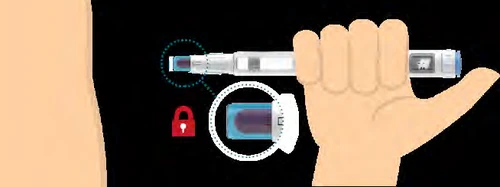 A hand holds an injection pen horizontally next to a hip with magnified views showing the locking mechanism and the tip