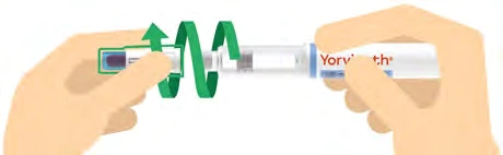 Two hands hold a horizontal medical device with a zigzag green arrow indicating rotational movement between the fingers