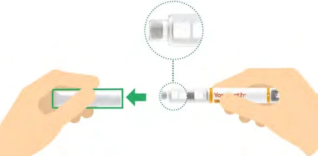 Two hands separate a white medical device into two parts, with a magnified view showing the detail of the upper cap of the container