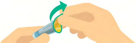 Two hands hold a blue and yellow cylindrical container while a curved green arrow indicates rotational movement toward the