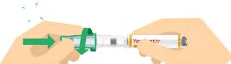 Two hands hold a white and yellow injection pen with a green arrow indicating rotational movement for drug preparation