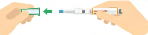 Two hands moving an injection pen toward a green protective cap indicated by an arrow pointing to the left