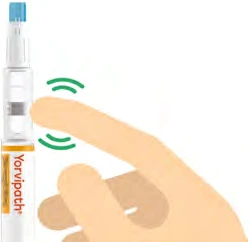 A hand pressing a finger on the top of a white injection pen with orange text and the Yorvipath logo on a white background