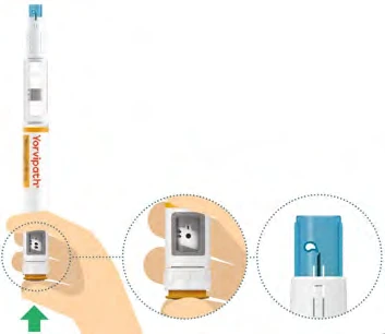 Detail of a hand holding a white medical device with orange text and three magnified views showing the tip and the