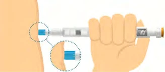 A hand holds an injection pen to apply it to the skin of the arm with a magnified detail of the contact point with the skin