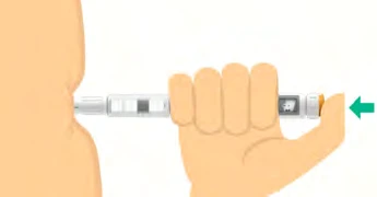A hand holds an injection pen horizontally against the upper thigh with a green arrow indicating direction