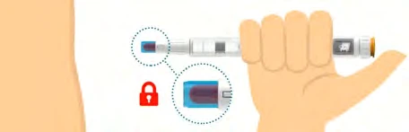 Medical illustration showing a hand holding an auto-injector device near an arm with a magnified detail of the red locking mechanism