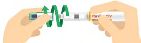 Two hands hold a Yorvik injection pen with a zigzag green arrow indicating rotational movement for drug preparation