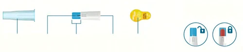 Medical diagram with components of an injection device, a yellow cap, and two circular icons with open and closed locks