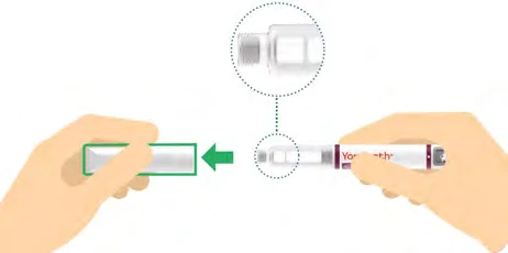 Two hands hold an injection pen, with a circular magnification showing the detail of the upper part of the medical device
