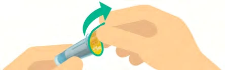 Two hands hold a blue and yellow cylindrical container while a green arrow indicates rotational movement toward the