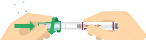 Two hands hold an injection pen with a green arrow indicating rotational movement to separate the two parts of the device
