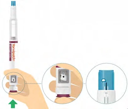 Illustration of a Yorvipath injection pen held in hand with three magnified views showing details of the tip and injection mechanism