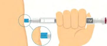 A hand squeezes an injection pen to apply it to the upper thigh with a magnification showing the