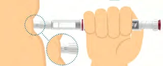 A hand holds an injection pen to apply it to the upper thigh with a magnified detail of the contact point